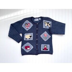 vtg Northern Isles blue Americana sheep cow hand‎ knit cardigan sweater S